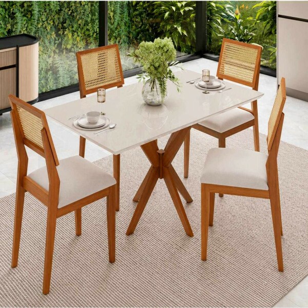 CJ MESA 4C AGN ANNA RETANGULAR 116X80 C/VIDRO CAD LARISSA MADEIRA/OFF WHITE