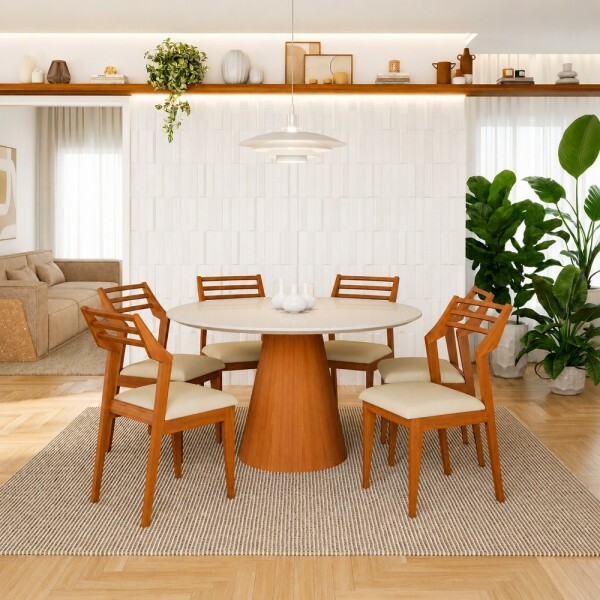 CJ MESA 6C AGN PARIS REDONDA 130CM C/VIDRO CAD VITORIA MADEIRA/OFF WHITE