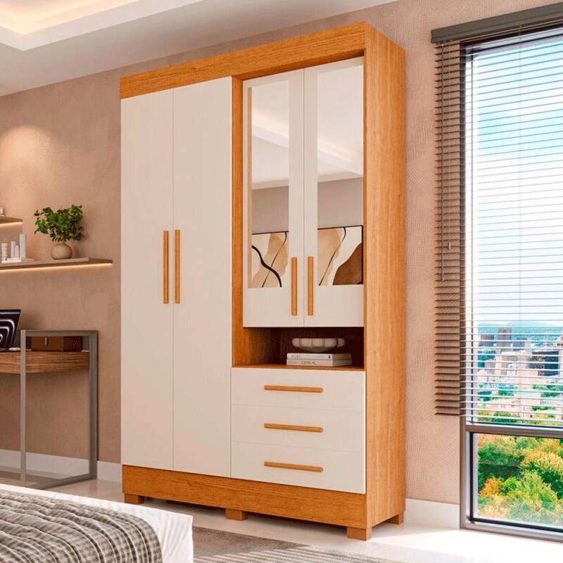 ROUPEIRO 4P ABRIR 3G ACP DEBORA CAPELINHA C/ESPELHO CINAMOMO/OFF WHITE