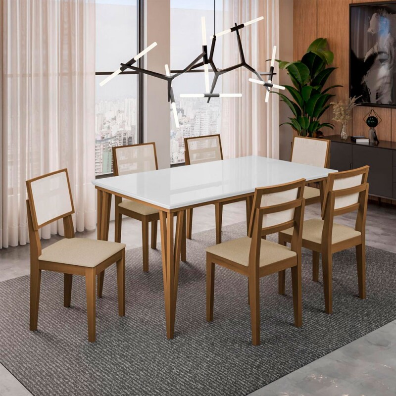 CJ MESA 6C DOBUE SAFIRA 160X90 C/VIDRO CAD SAFIRA IMBUIA/BRANCO OFF/AREIA LINHO
