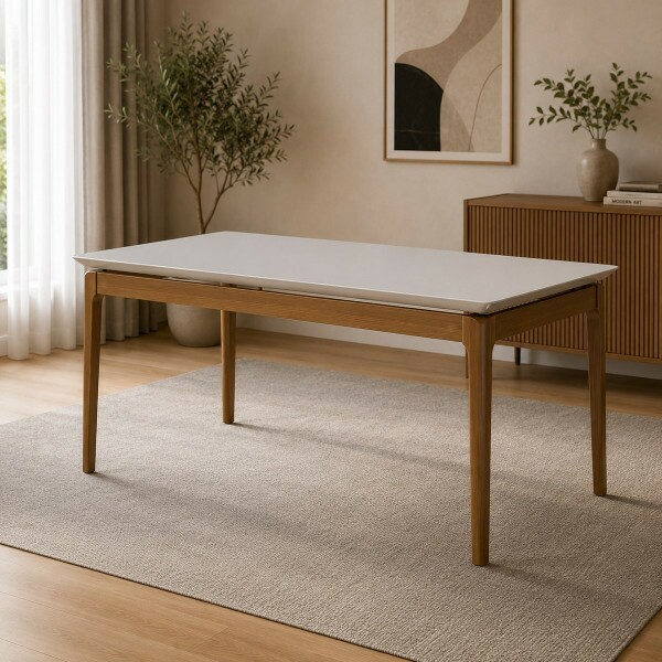 MESA IMCAL WIND 1.8 C/ VIDRO RETANGULAR OFF WHITE / CINAMOMO