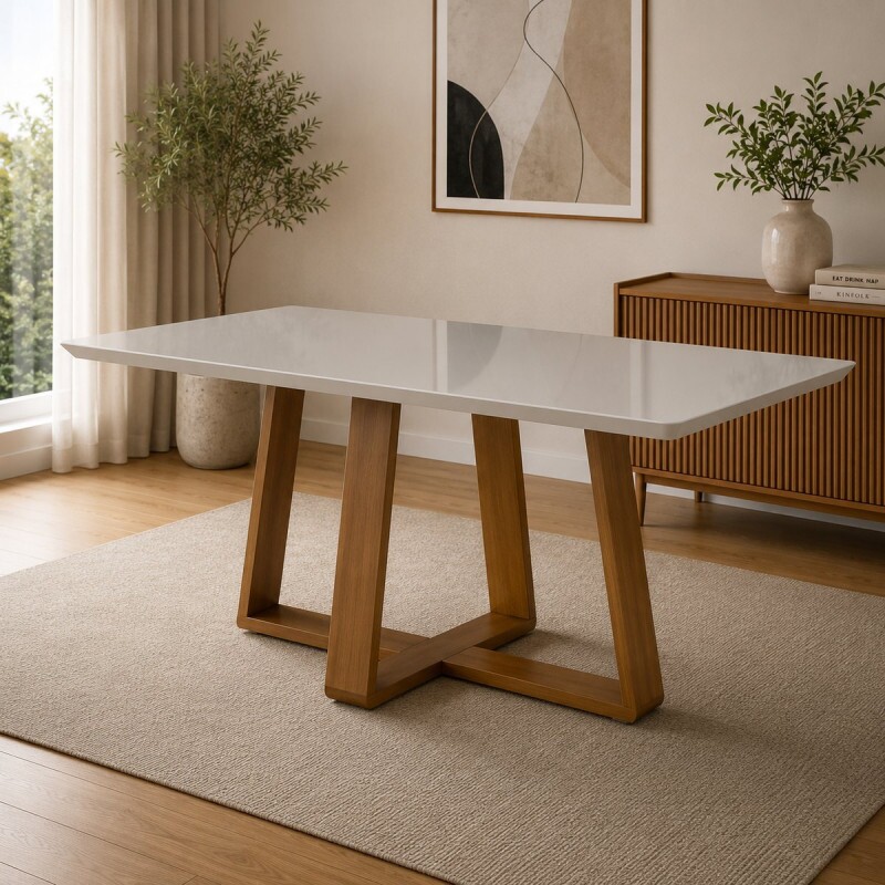 MESA IMCAL WOOD 1.8 C/ VIDRO RETANGULAR OFF WHITE/CINAMOMO MESA IMCAL WOOD 1.8 C/ VIDRO RETANGULAR OFF WHITE/CINAMOMO
