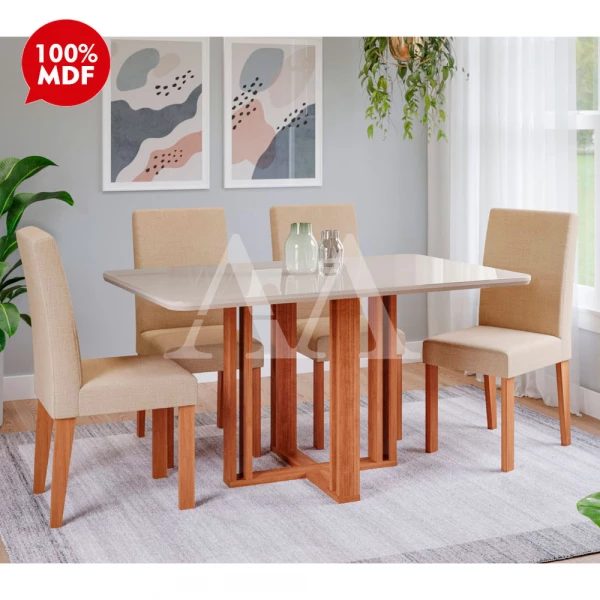 CJ MESA 4C CIMOL FLORA C/VIDRO RETANGULAR 130X80 MAIA CINAMOMO/OFF WHITE/GENGIBRE